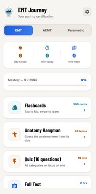 EMT Journey home screen showing study streak, mastery progress and study modes