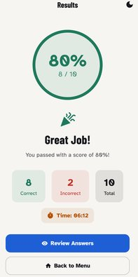 Results screen showing a passing score